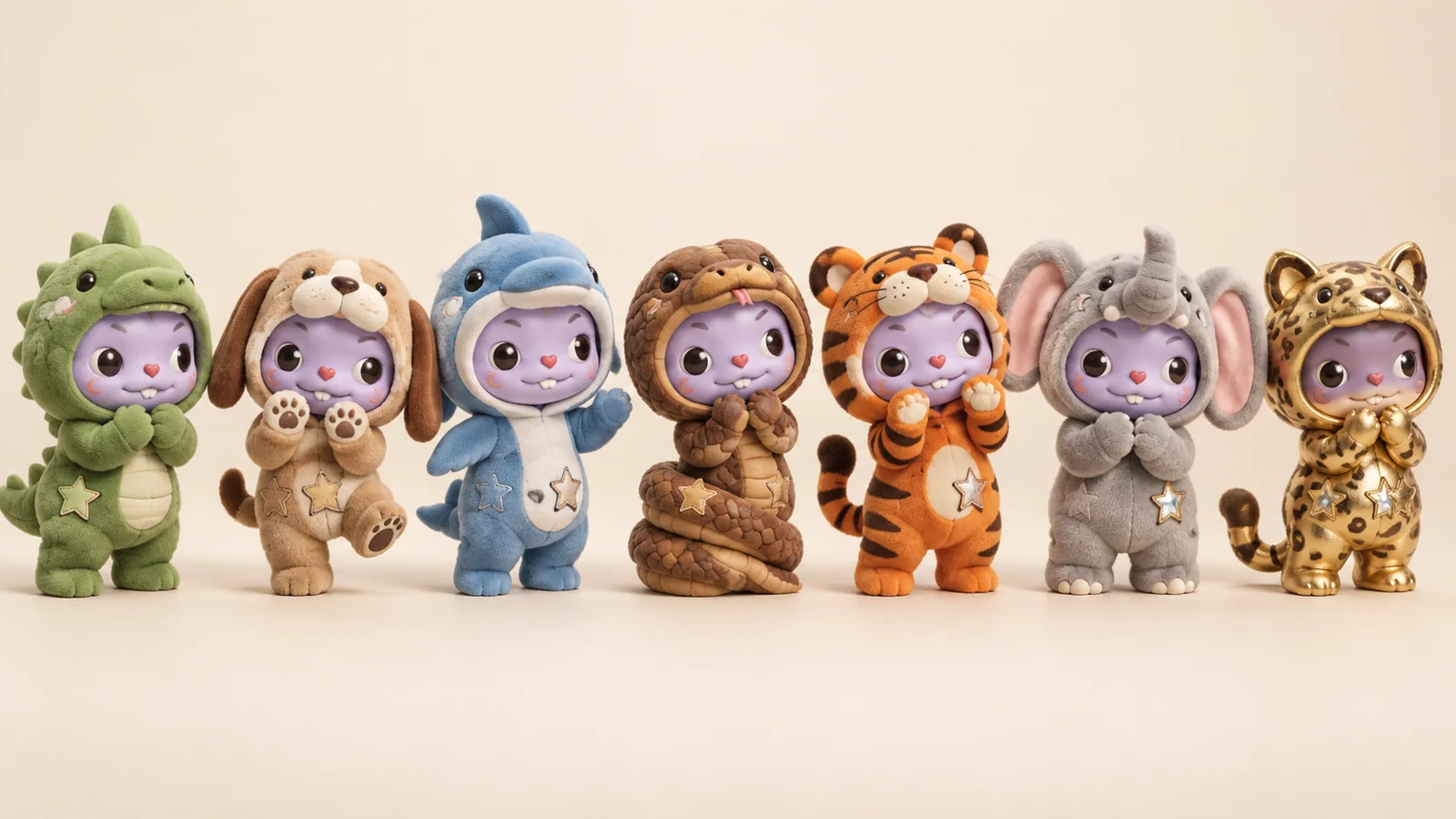 All seven Series 01 figures side by side: Dino, Pups, Finn, Slither, Tiger, Ellie and Golden