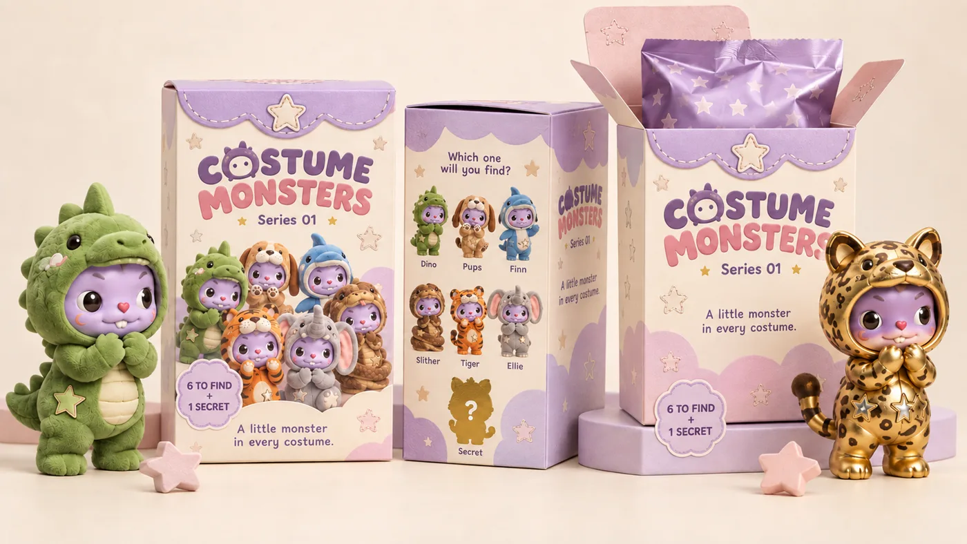 An open Series 01 box with the lilac star-print costume bag inside